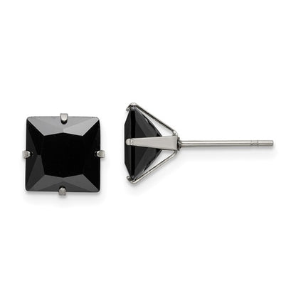 Stainless Steel Square Black CZ Post Earrings