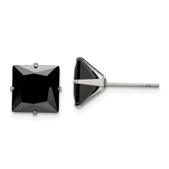 Stainless Steel Square Black CZ Post Earrings