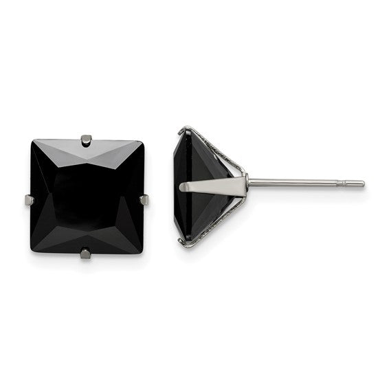 Stainless Steel Square Black CZ Post Earrings