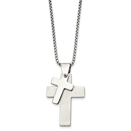 Stainless Steel Brushed & Polished Double Cross Pendant