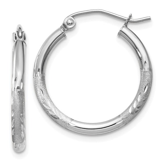 14k White Gold Diamond-Cut 2mm Round Hoop Earrings 20 mm x 20 mm