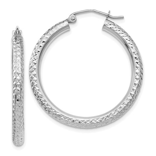 14k White Diamond-Cut Hoop Earrings - 30mm