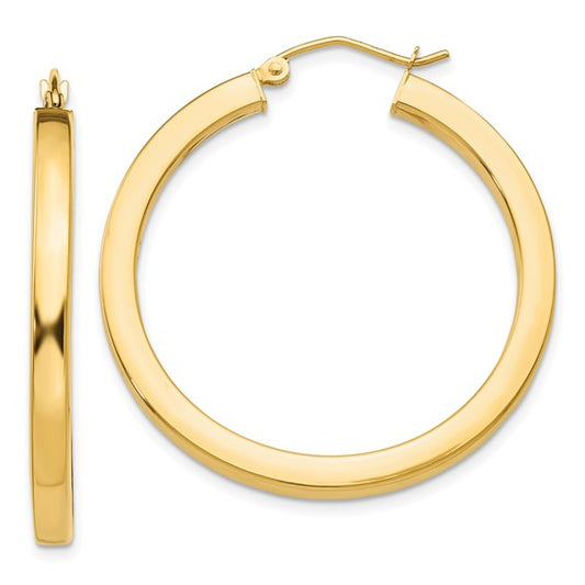 14k 3mm Square Tube Round Hoop Earrings - 35 mm