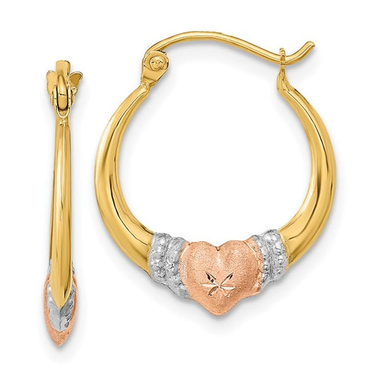 14k Tri-Color Heart Hoop Earrings