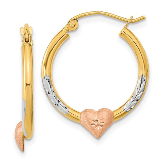 14k Tri-Color Heart Hoop Earrings