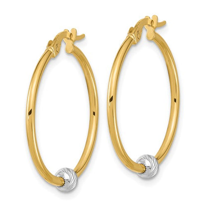 14k Two-Tone Polished Hoop w/ Diamond-Cut Ball Earrings - 27 mm