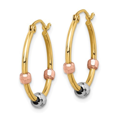 14k Tri-Color Polished Diamond-Cut Beaded Hoop Earrings