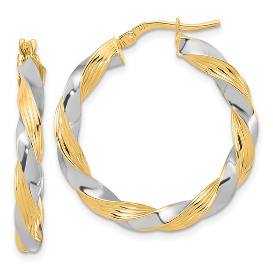 14k Two-Tone Twisted Hoop Earrings - 30 mm