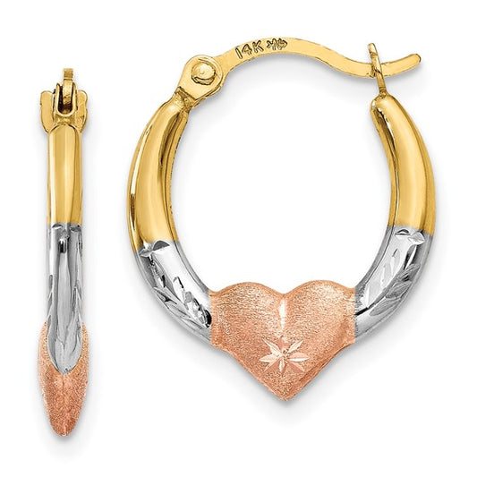 14k Tri-Color Heart Hoop Earrings