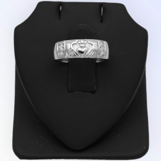 14k White Diamond Claddagh Ring