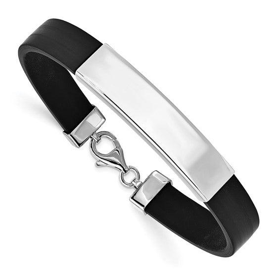 Sterling Silver Rhodium-Plated ID Black Rubber Bracelet